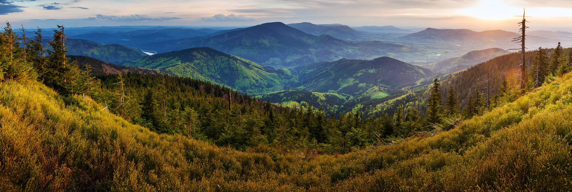 Panorama Beskyd — zalesněné hřebeny při západu slunce